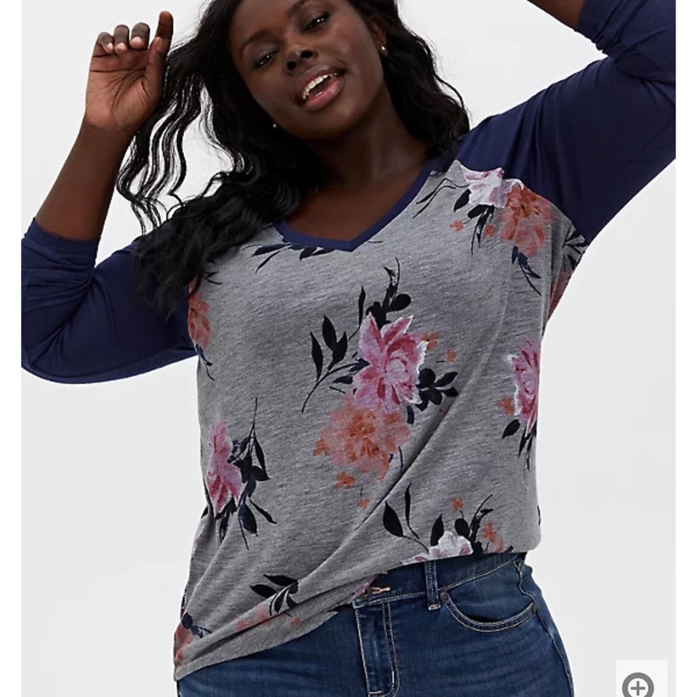 Torrid Floral Navy Classic Fit V-Neck Raglan Tee